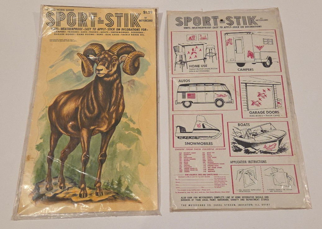 2- Vintage Meyercord SPORT STIK Vinyl Decals Weatherproof 11-CBig Horn Sheep