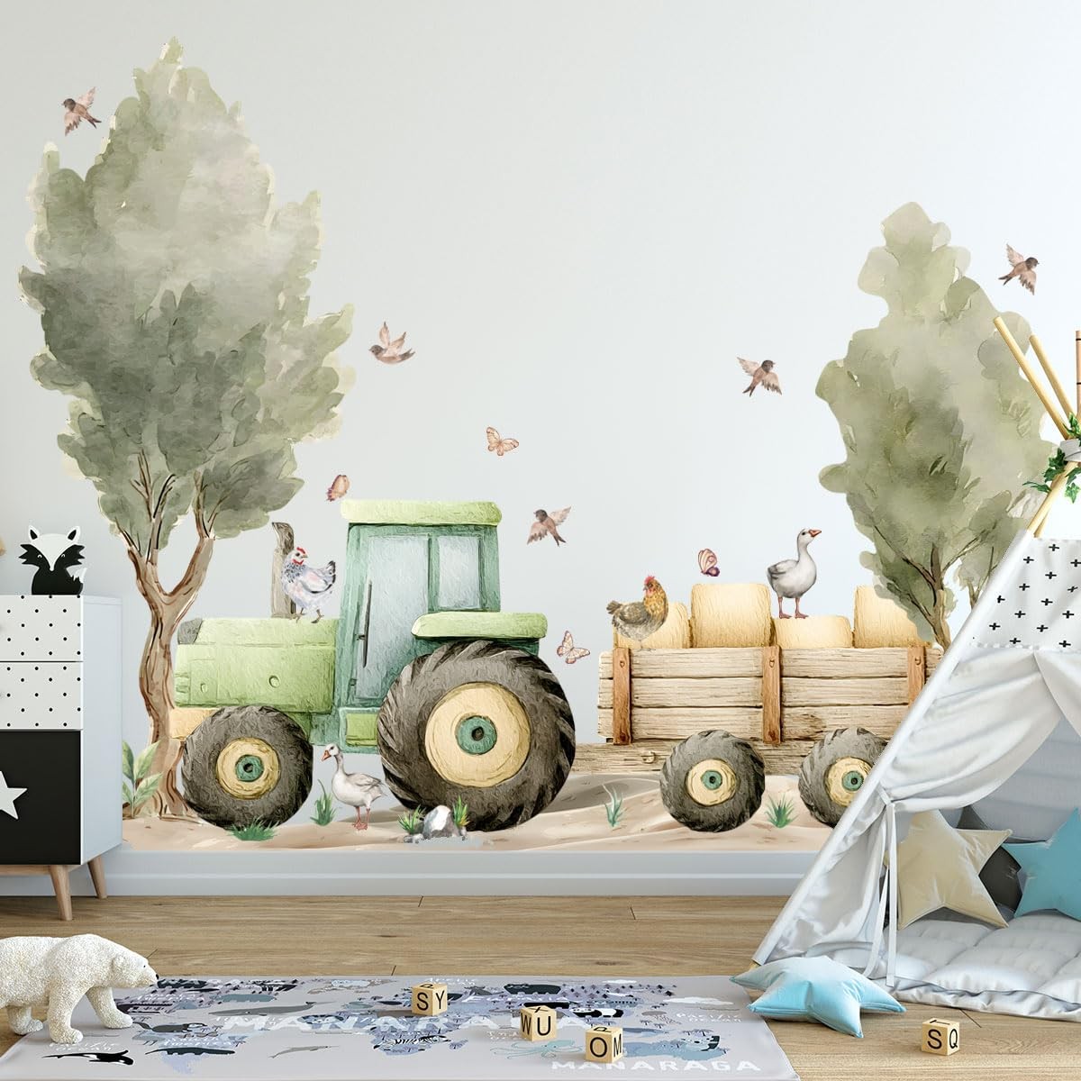 Farm Tractor Wall Decal,Farmhouse Animals Chickens, Ducks, Birds,Goose,Clouds…