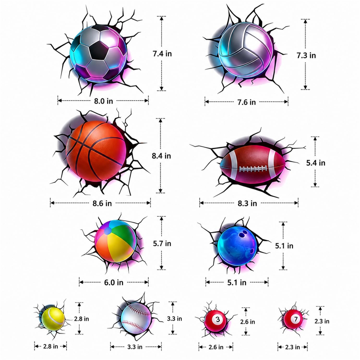 3D Sports Realistic Cracked Wall Decor Art Decals, 10 PCS