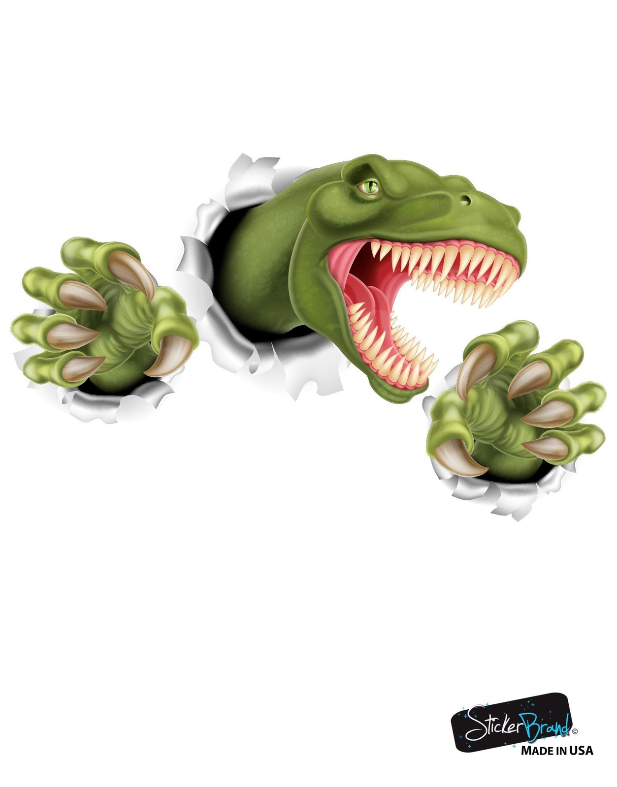 T-Rex Dinosaur Jumping out of wall. 3D Graphic Wall Decal Sticker. Peel and Stic