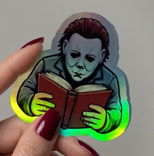 Halloween Michael Myers Reading Book 3inch Holographic Waterproof sticker