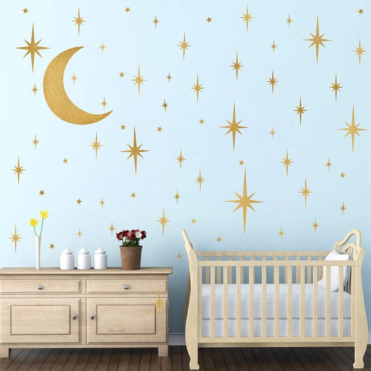 Retro Starburst Vinyl Wall Decals – Celestial Moon & Star Set for Kids' Rooms
