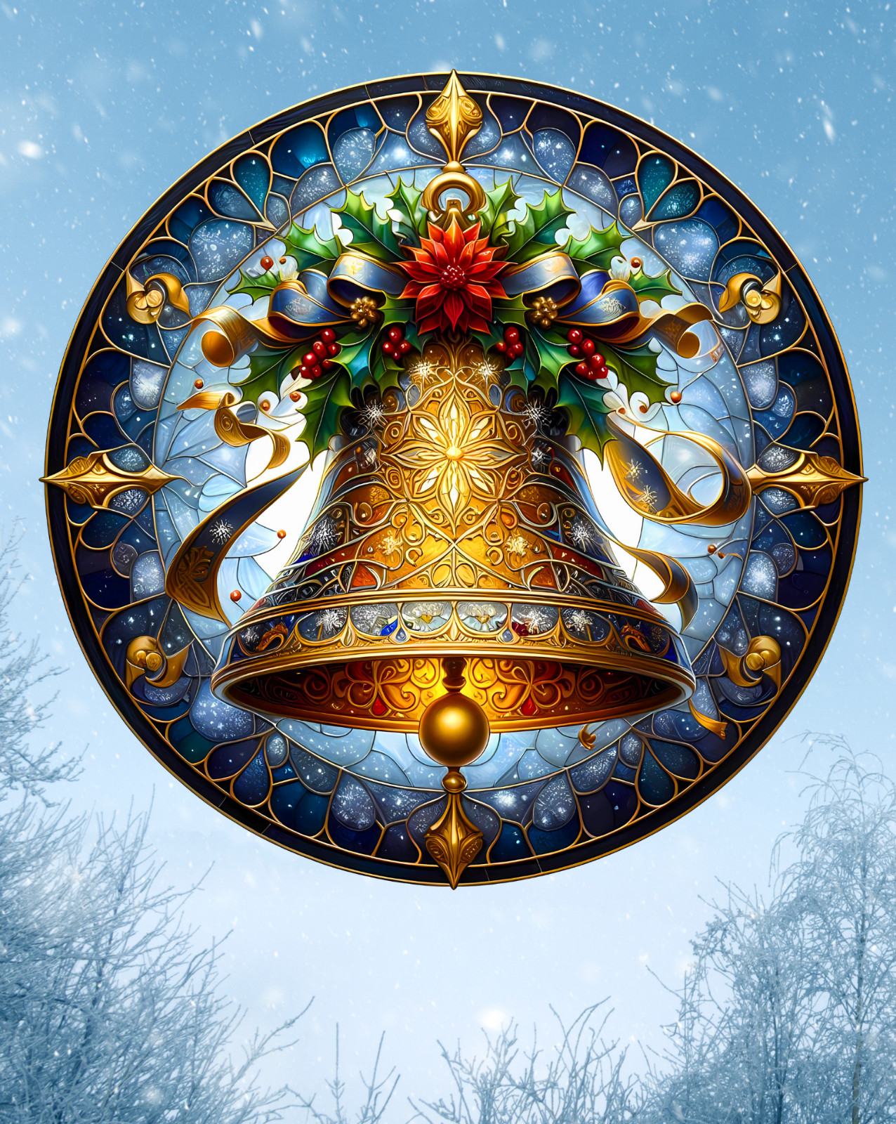 Christmas Bell Faux Stained-Glass WINDOW CLING Size 8" Round Vinyl