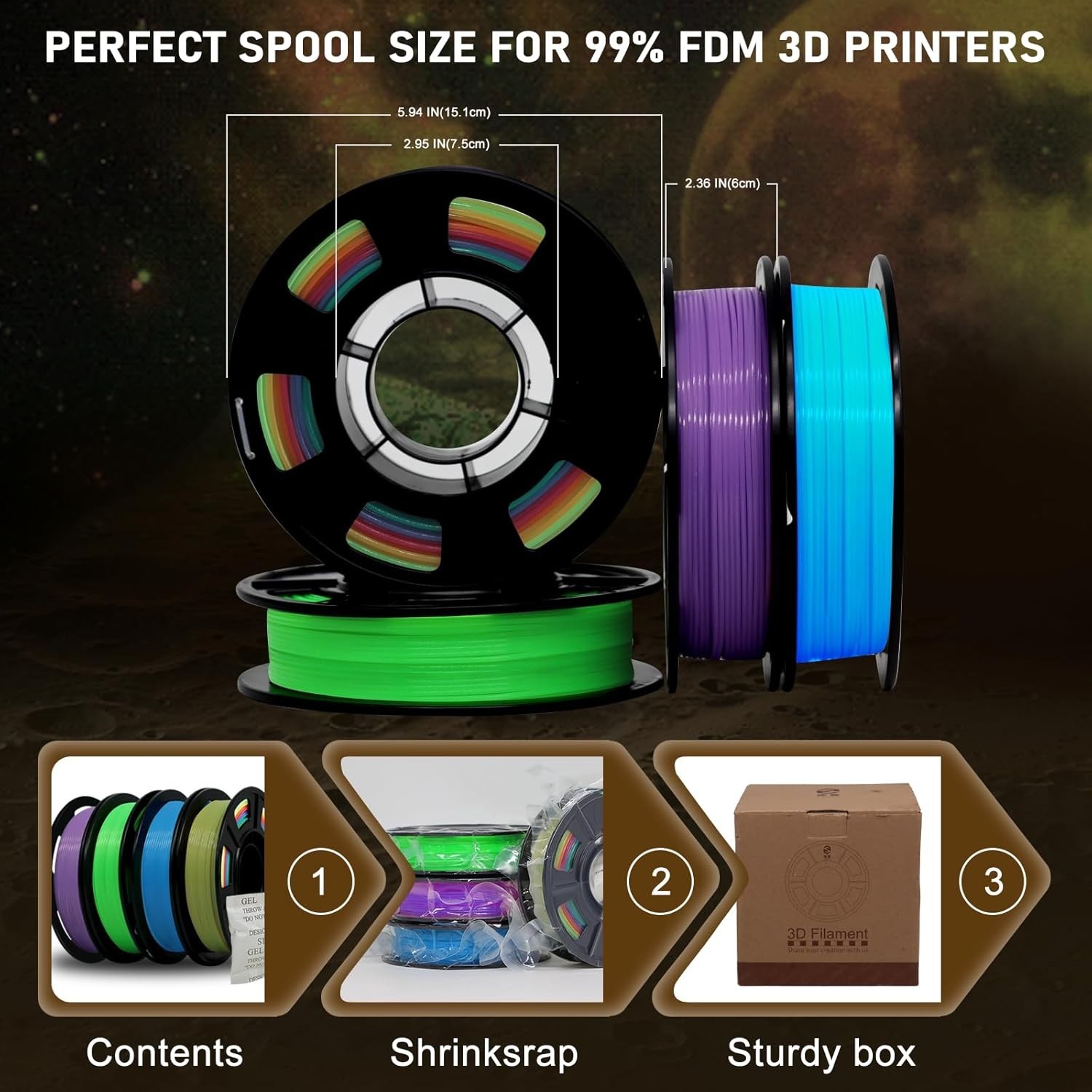 3D Printer Filament Bundle – Glow in the Dark Multicolor PLA 1.75mm, 250g x 4 Pa
