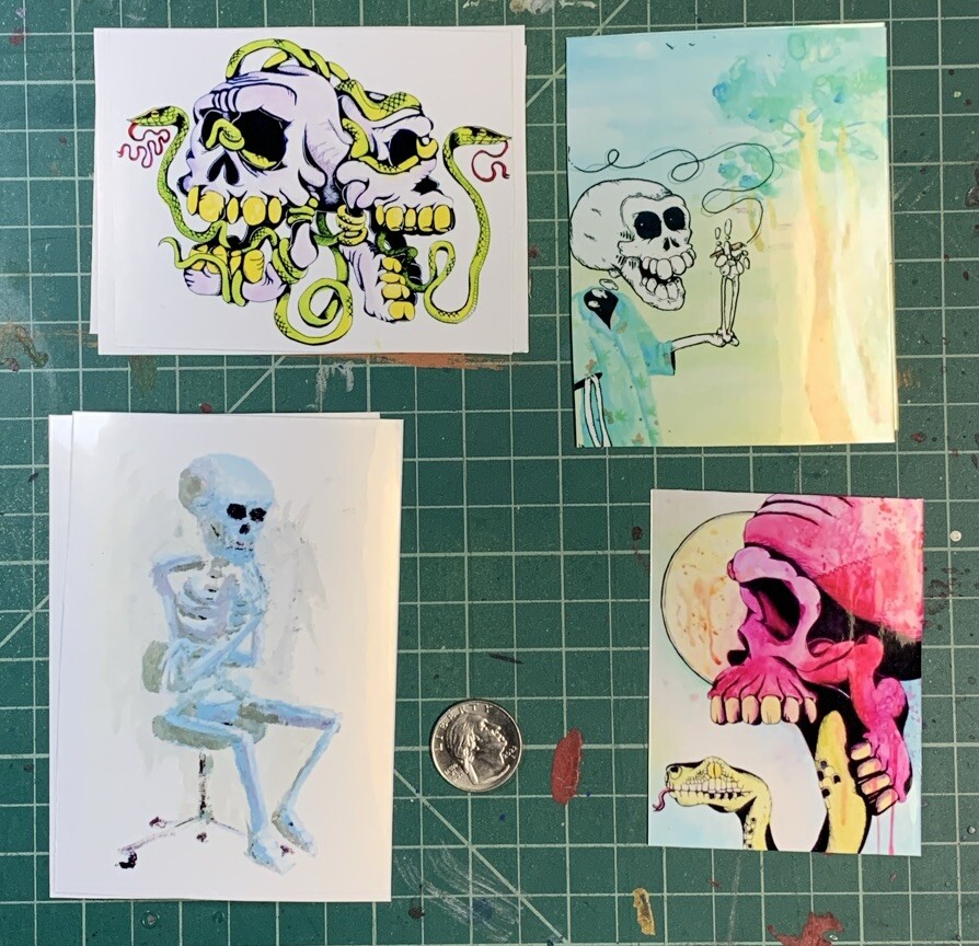 4 Skull Skeleton Watercolor Art Stickers Pack Lot Set Graffiti Decals Zombie
