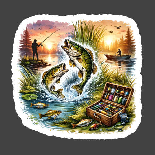 Fishing Scene Sticker Vinyl Decal Bass Lake Tackle Box Outdoors