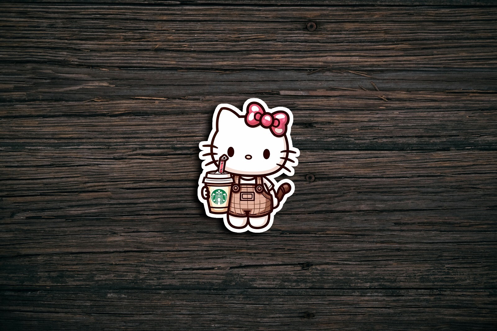 Kitty with Starbucks Sticker, Cute, Waterproof, Laptop, Water Bottle, Die Cut
