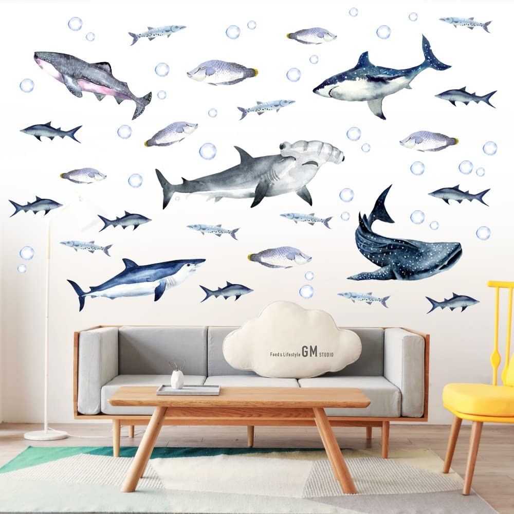 Buiory Sharks Wall Stickers Watercolor Decals Peel and Stick E