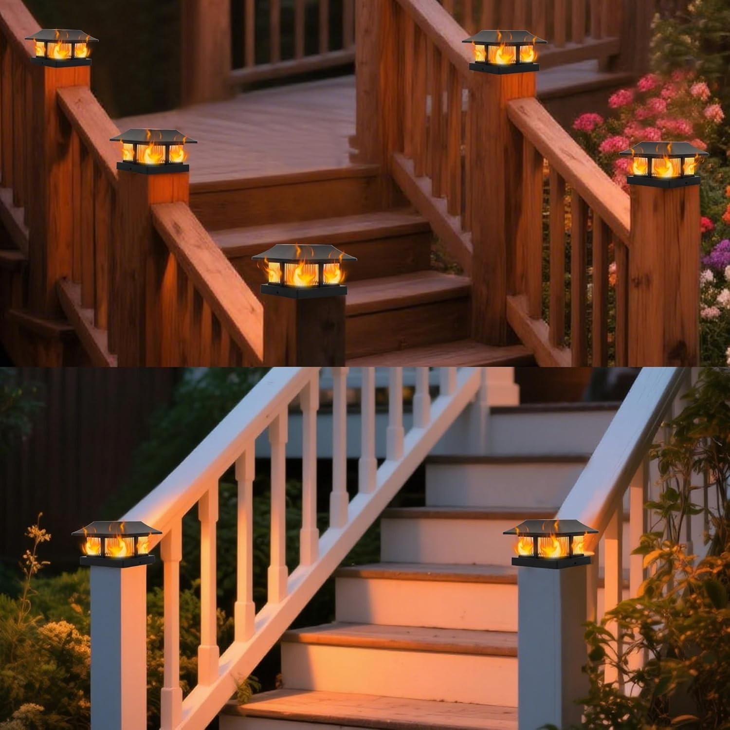 Solar Flame Post Cap Lights Outdoor, Solar Powered Fence Post Light, Flickering