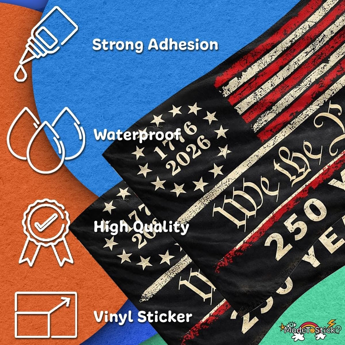250th We The People USA Flag 1776-2026 2-Pack Vinyl Decal Sticker 5"x3.5"