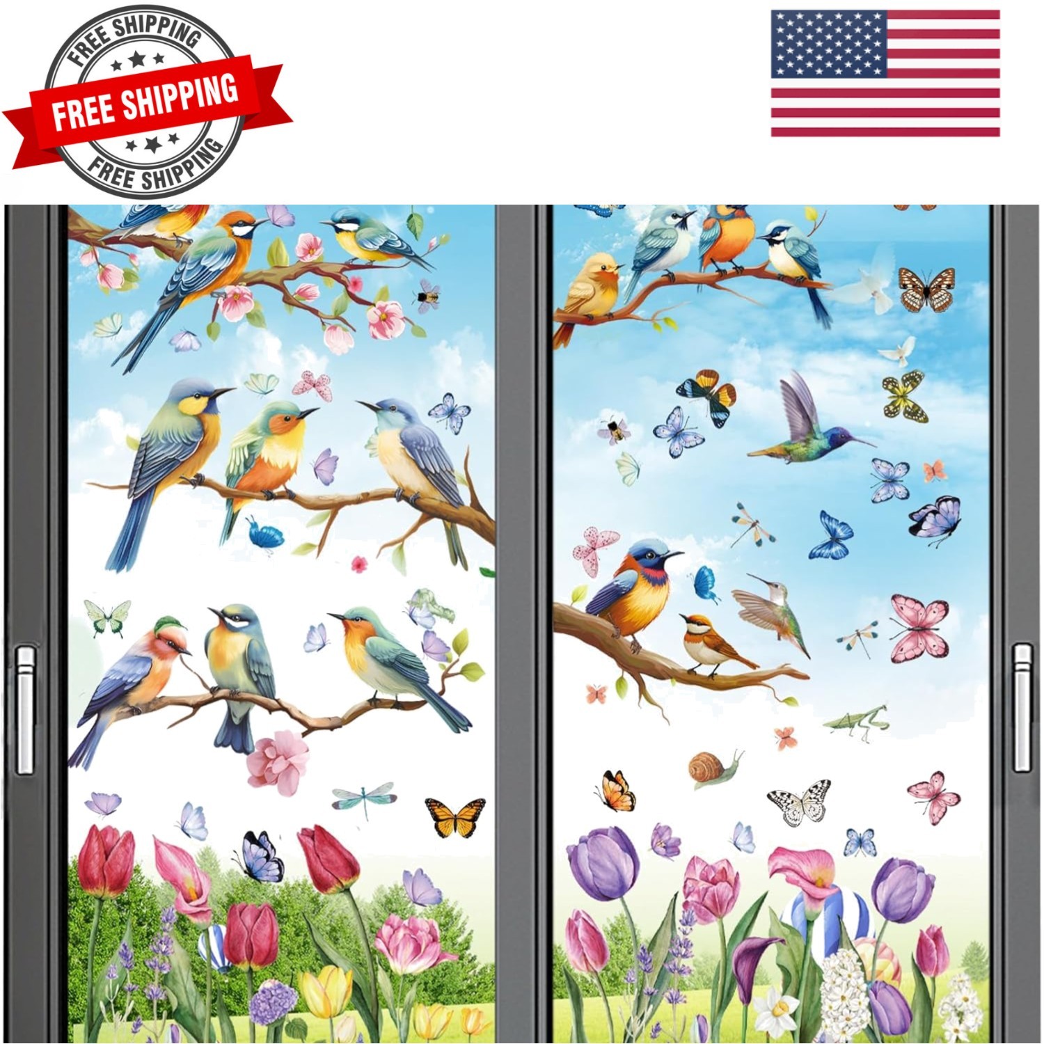 Spring Window Cling Sticker – 78PCS Tulip Butterfly Flower Hummingbirds Windo…