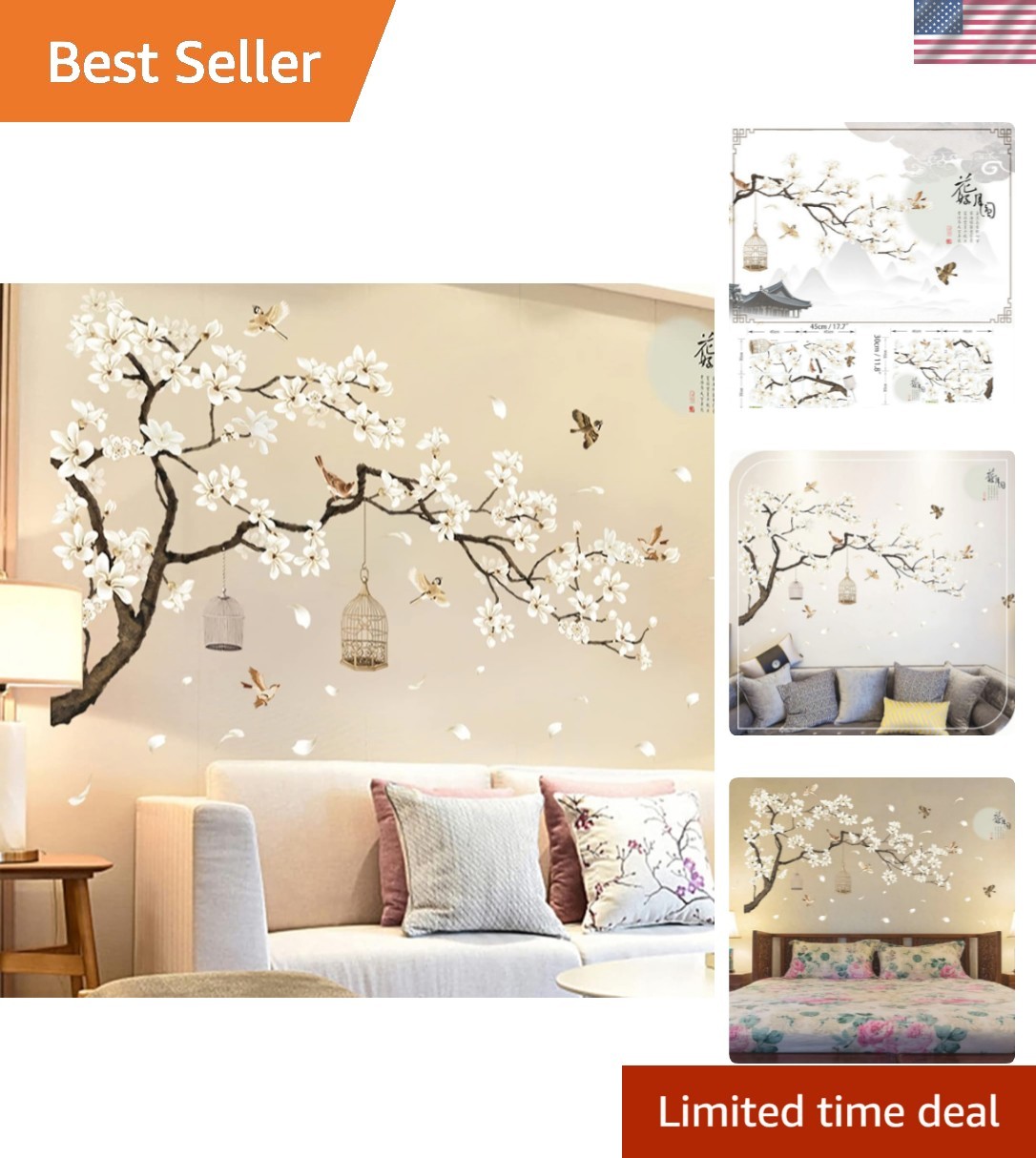 Large White Flower Wall Stickers, 50"x74" Removable DIY Romantic Cherry Bloss…