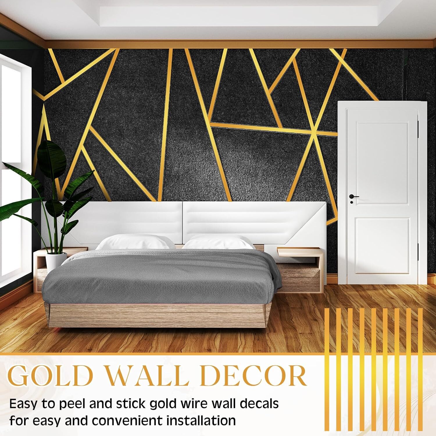 Hoolerry 24 Pcs 70.8 x 1.2 Inch Metallic Line Wall Decals Peel and Stick Gold