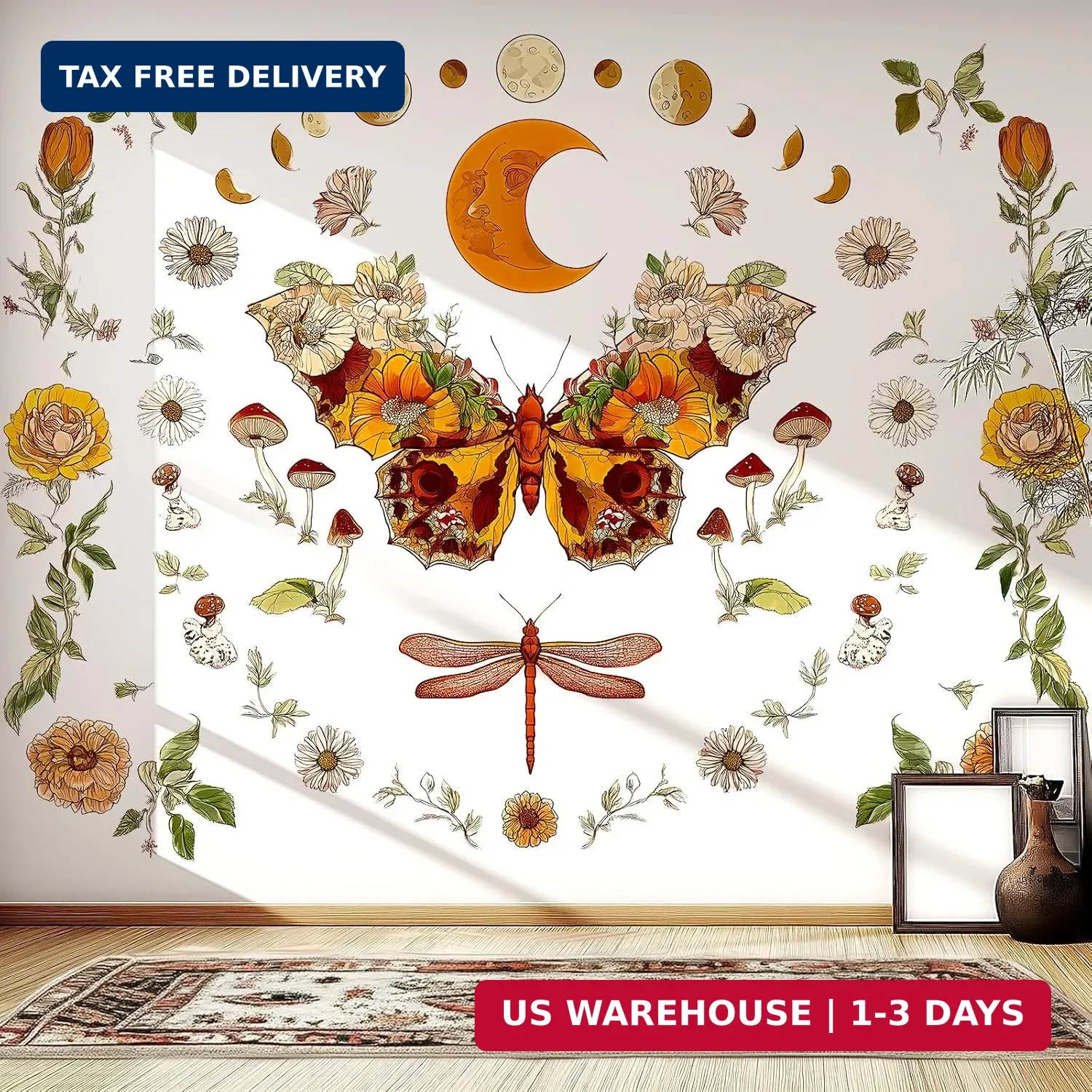 Boho Flowers Butterfly Wall Decals Peel and Stick, Sun and Moon Vinyl Wall Decor
