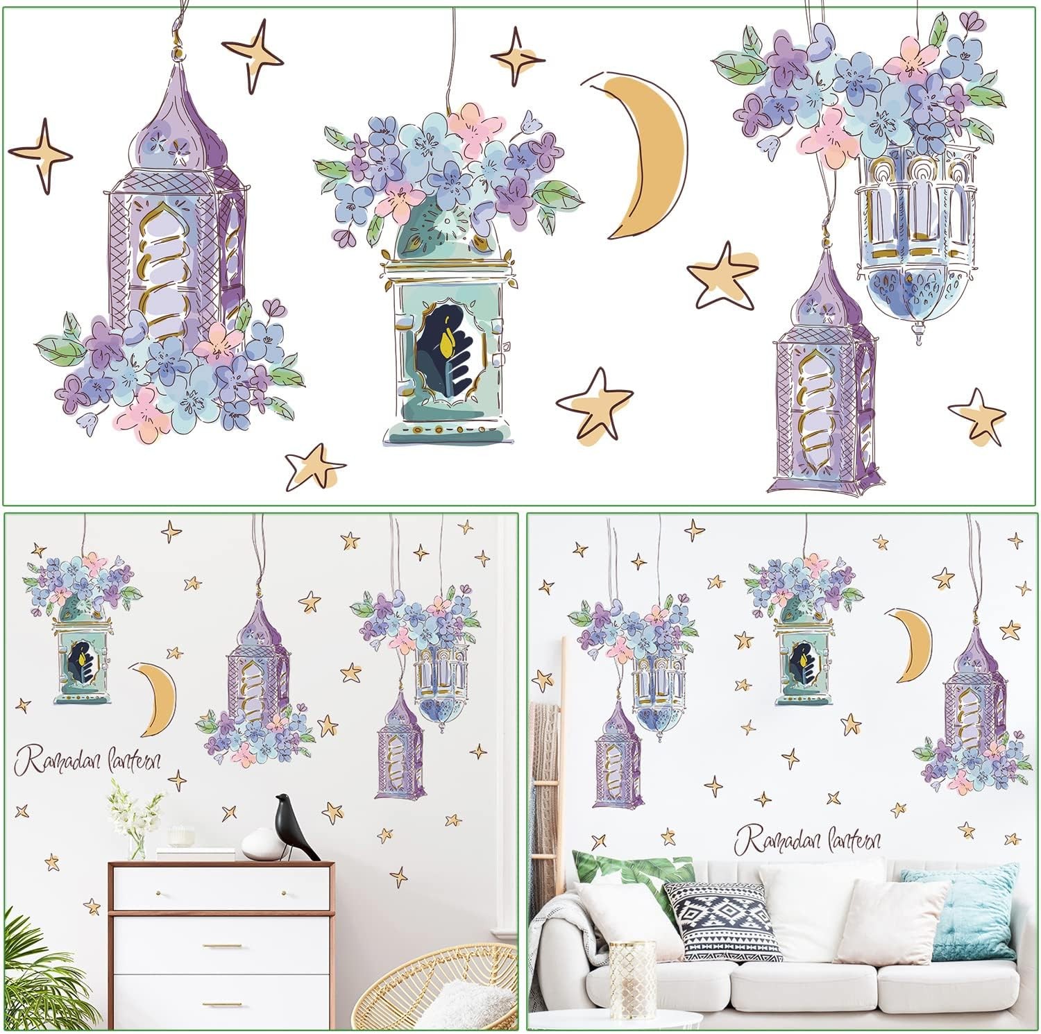 2 Sheets Dream Purple Pendant Wall Decals Flowers & Hanging Lamp Stickers