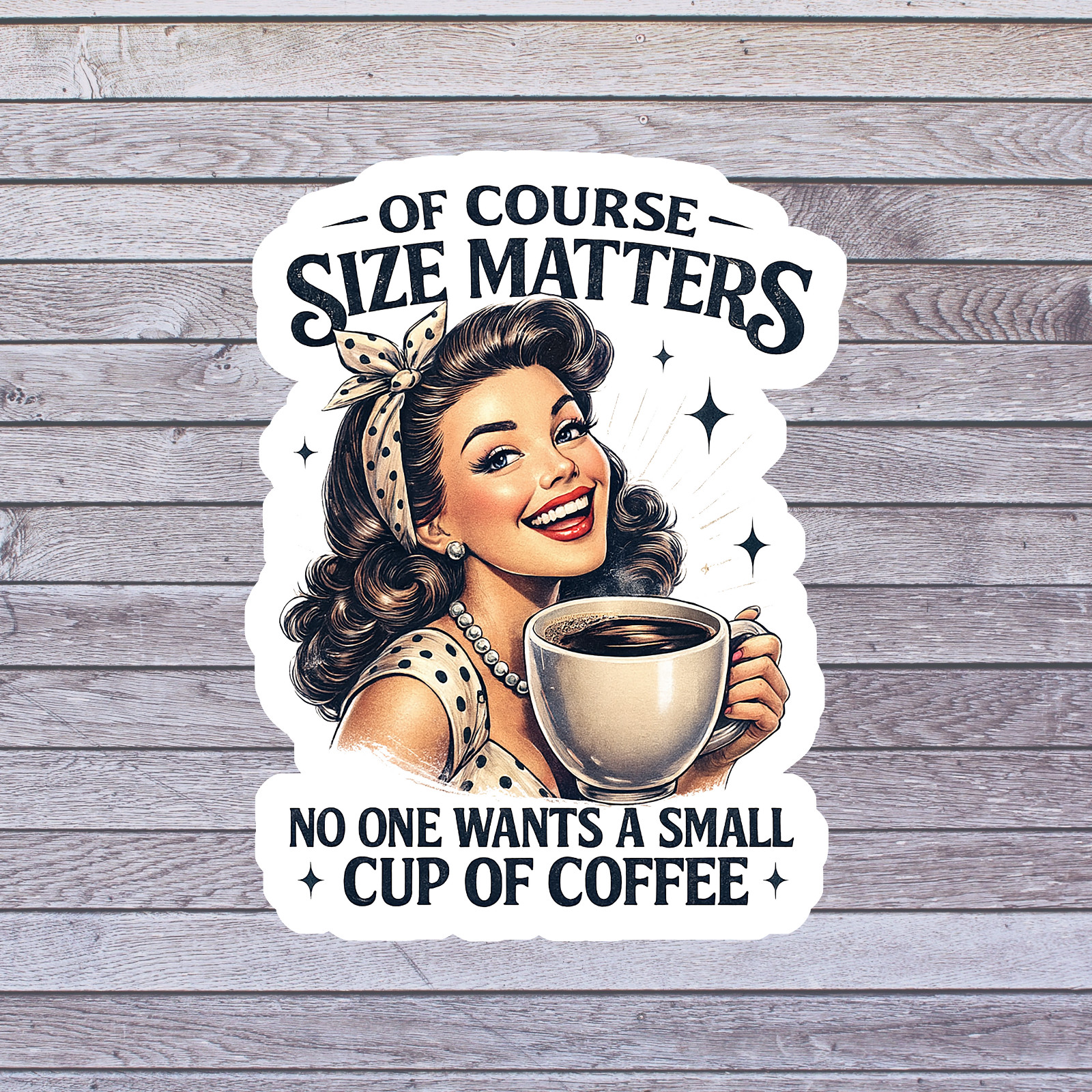 Coffee sticker vinyl decal retro pinup woman holding coffee cup text