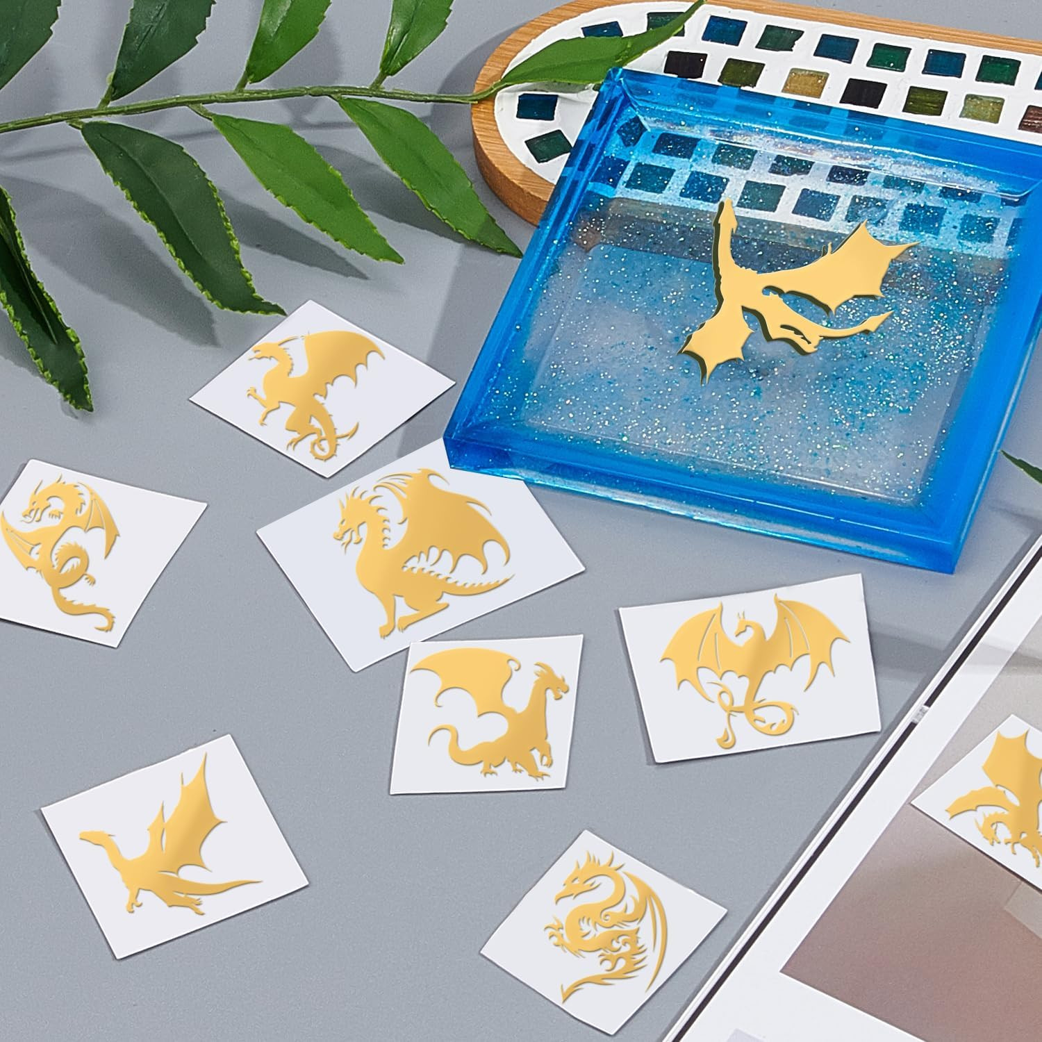 9 Pcs 1.6X1.6 Inch Dragon Pattern Stickers Self Adhesive Metal Stickers Golden S