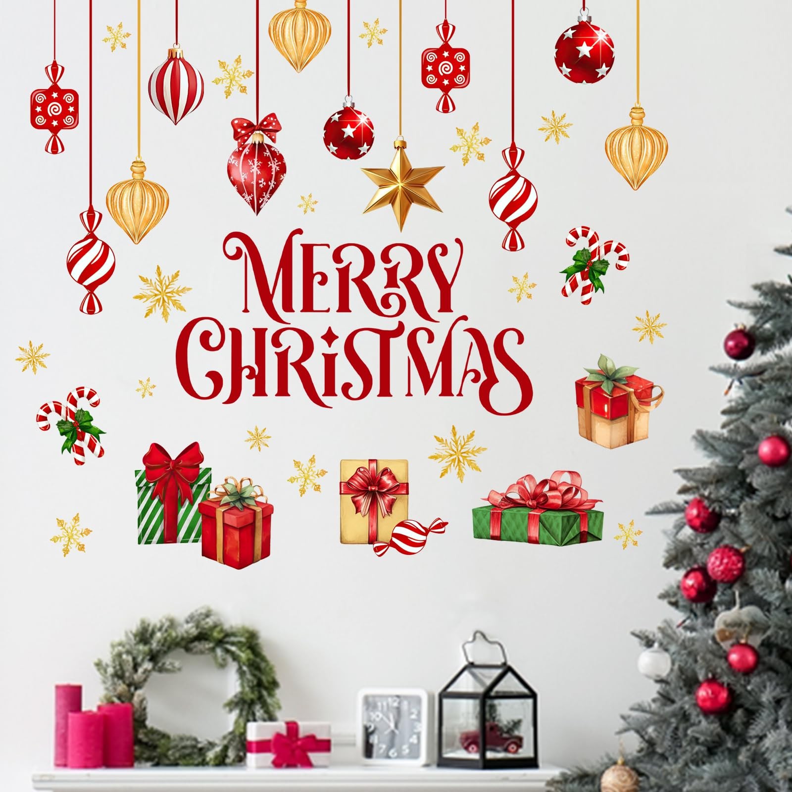 Merry Christmas Balls Wall Decals Stickers, Xmas Gifts Gold Snowflake Decorat…
