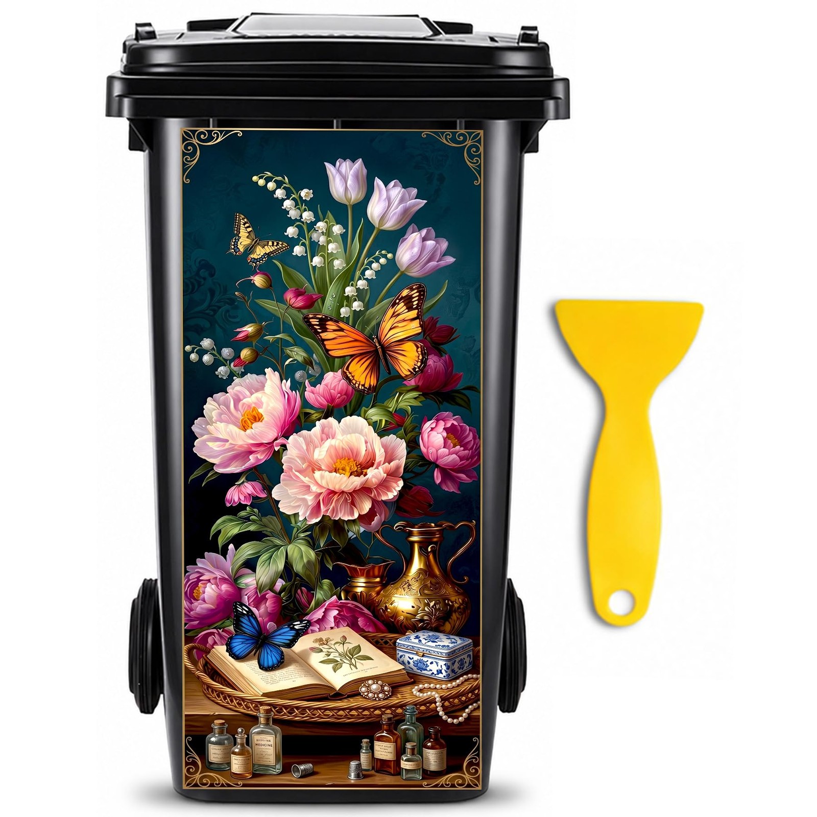 Flower Wheelie Bin Stickers Large Art Garbage Can Decals for Outside