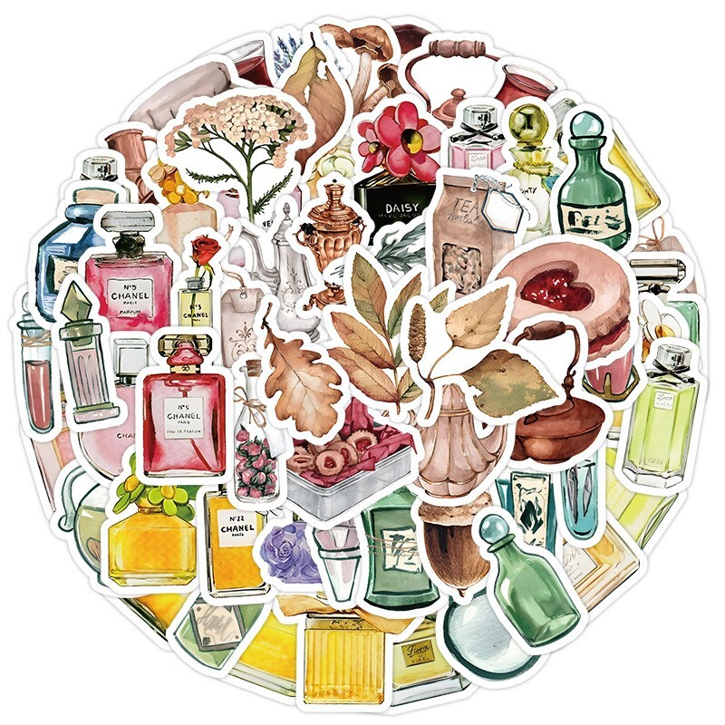 50pcs RETRO Vintage Stickers, Perfume Bottle Wine Cake Leaf, #239