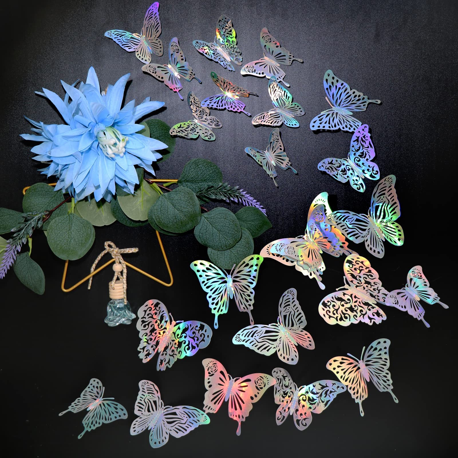60 Pcs 3D Iridescent Silver Butterfly Wall Stickers, Holographic