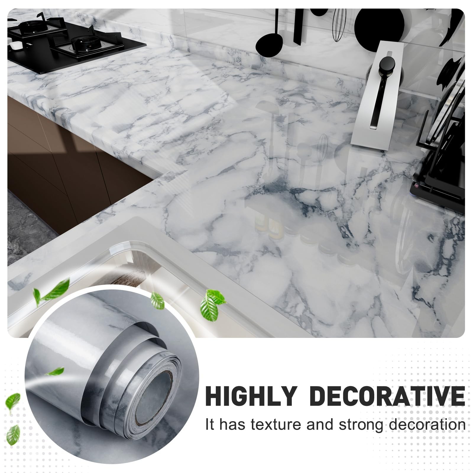 White and Gray Marble Contact Paper Glossy Peel and Stick Wallpaper Counterto…