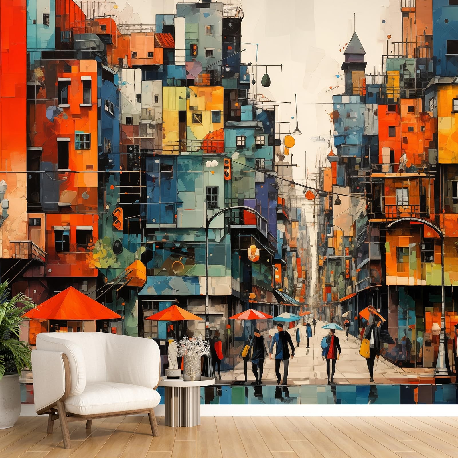 Colorful Modern City Wall Murals 3D Peel and Stick 148" W x 98" H