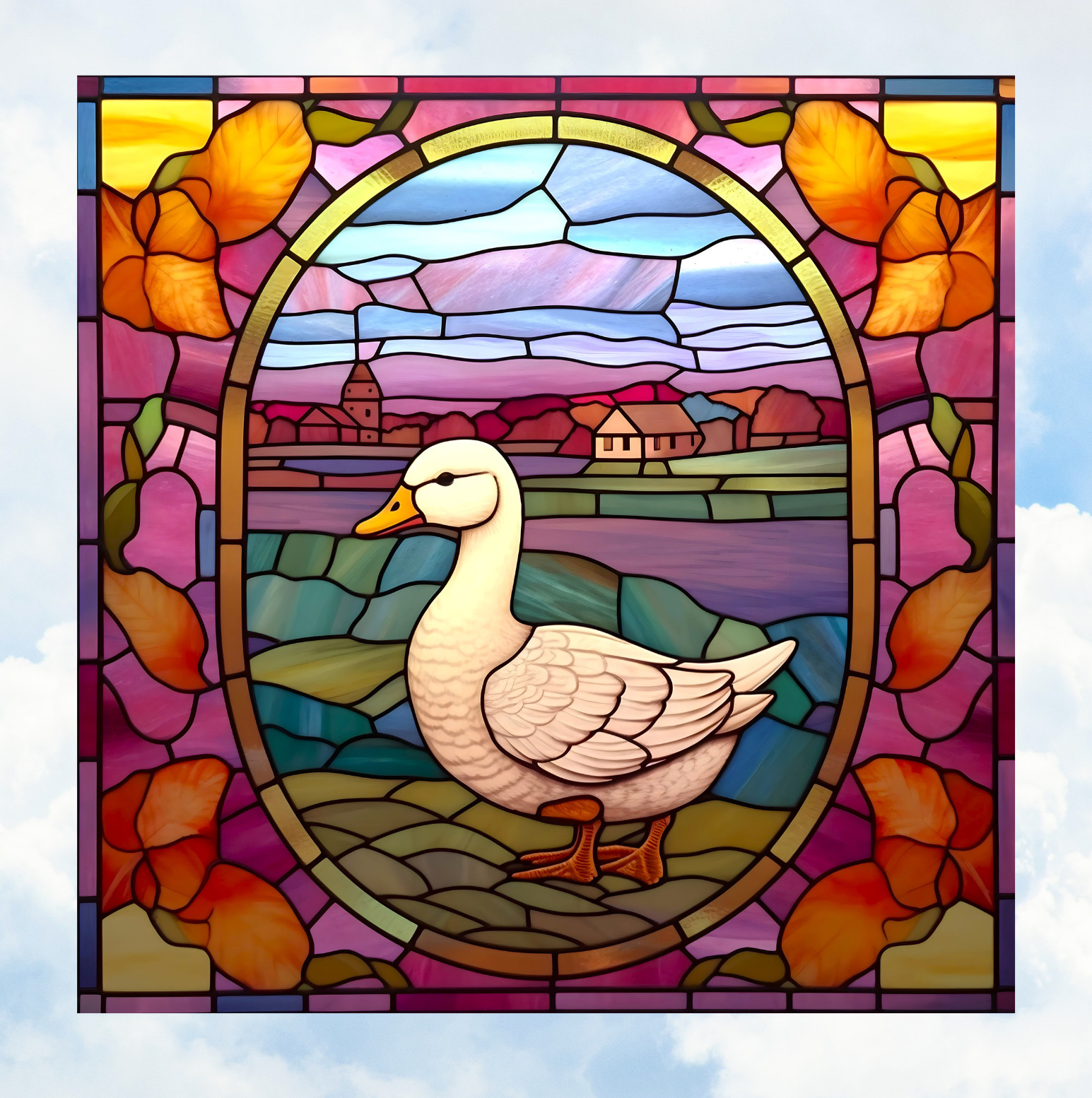 White Goose Faux Stained-Glass WINDOW CLING Size 8" Square Vinyl