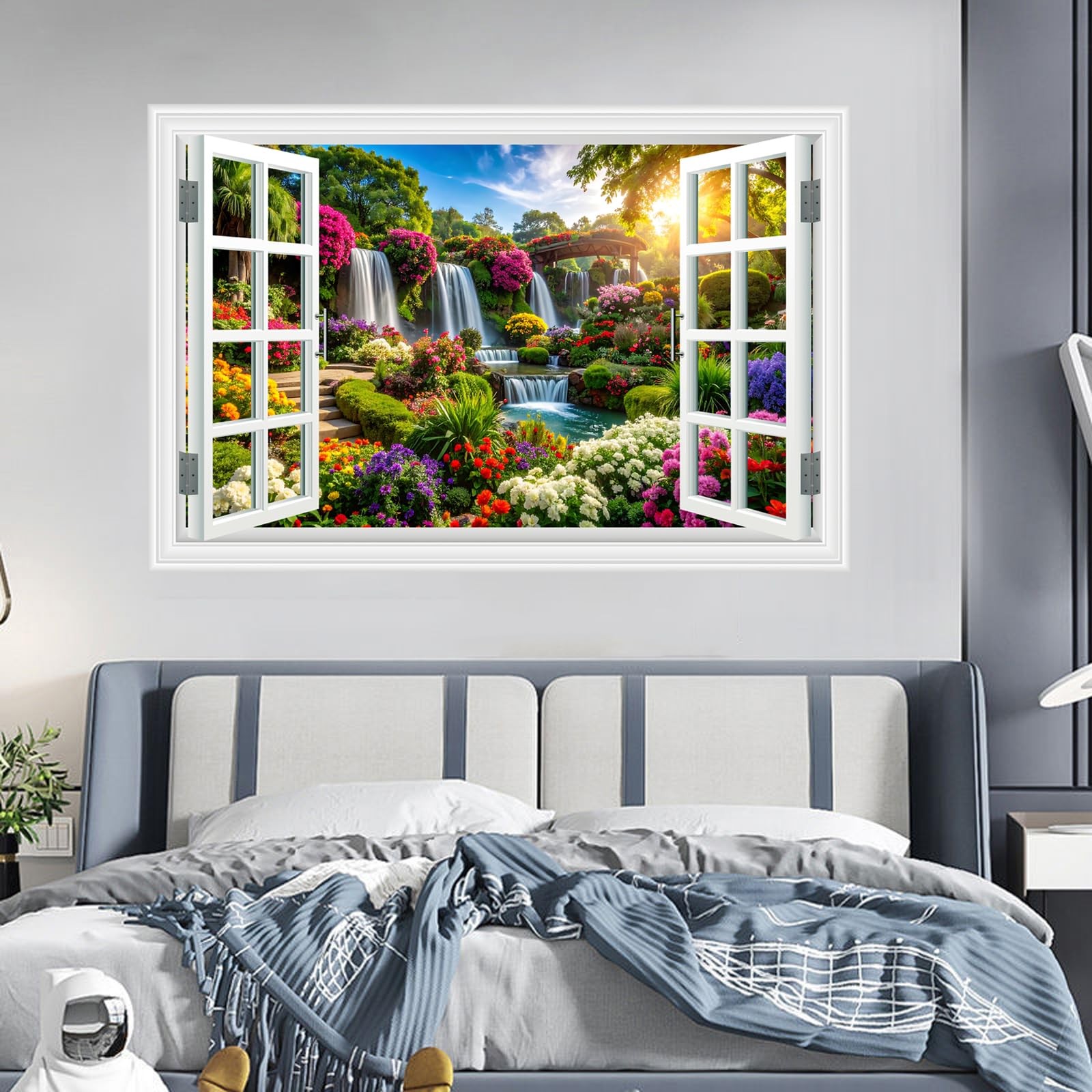 Fake Window Wall Sticker Decals- Morning Garden Flowers Waterfall Natural Sce…