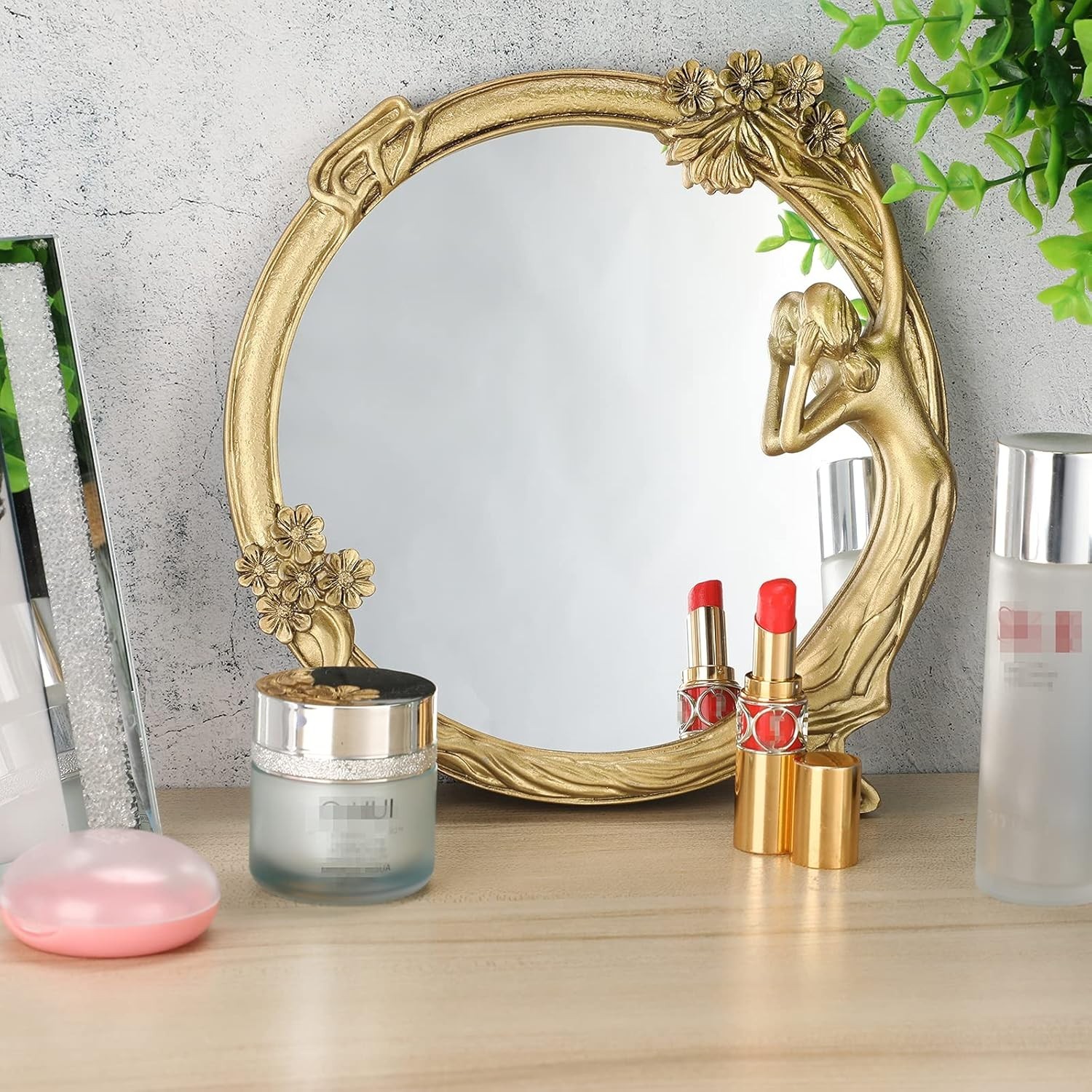 Antique Gold Small Decorative Mirror for Wall and Desktop, Vintage Cosmetic Mir