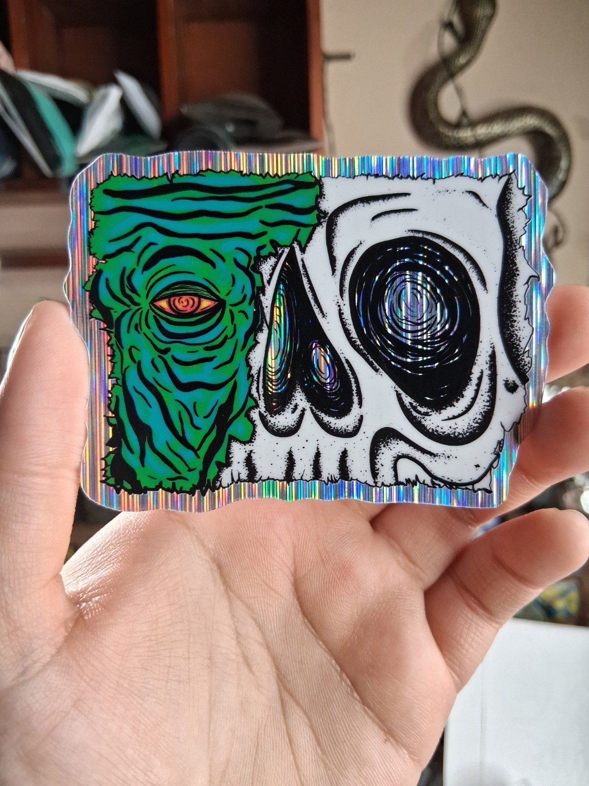 Holographic Whimsical Comic Surreal Creepy Zombie Skull Vinyl Sticker,Trippy Art