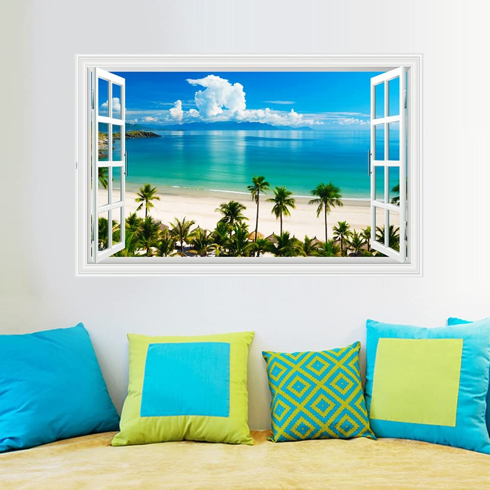 Fake Windows Wall Sticker, Removable 3D Beach Seascape Faux Windows Wall Decals