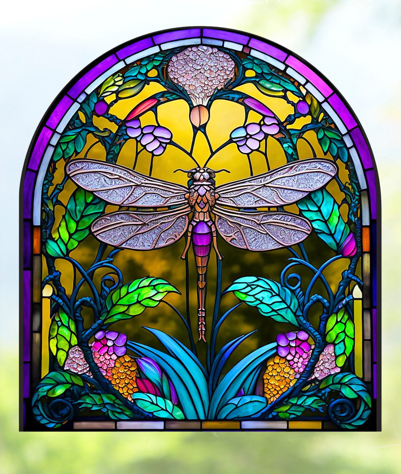 Dragonfly Faux Stained-Glass WINDOW CLING Size 9" Arch Shaped Vinyl