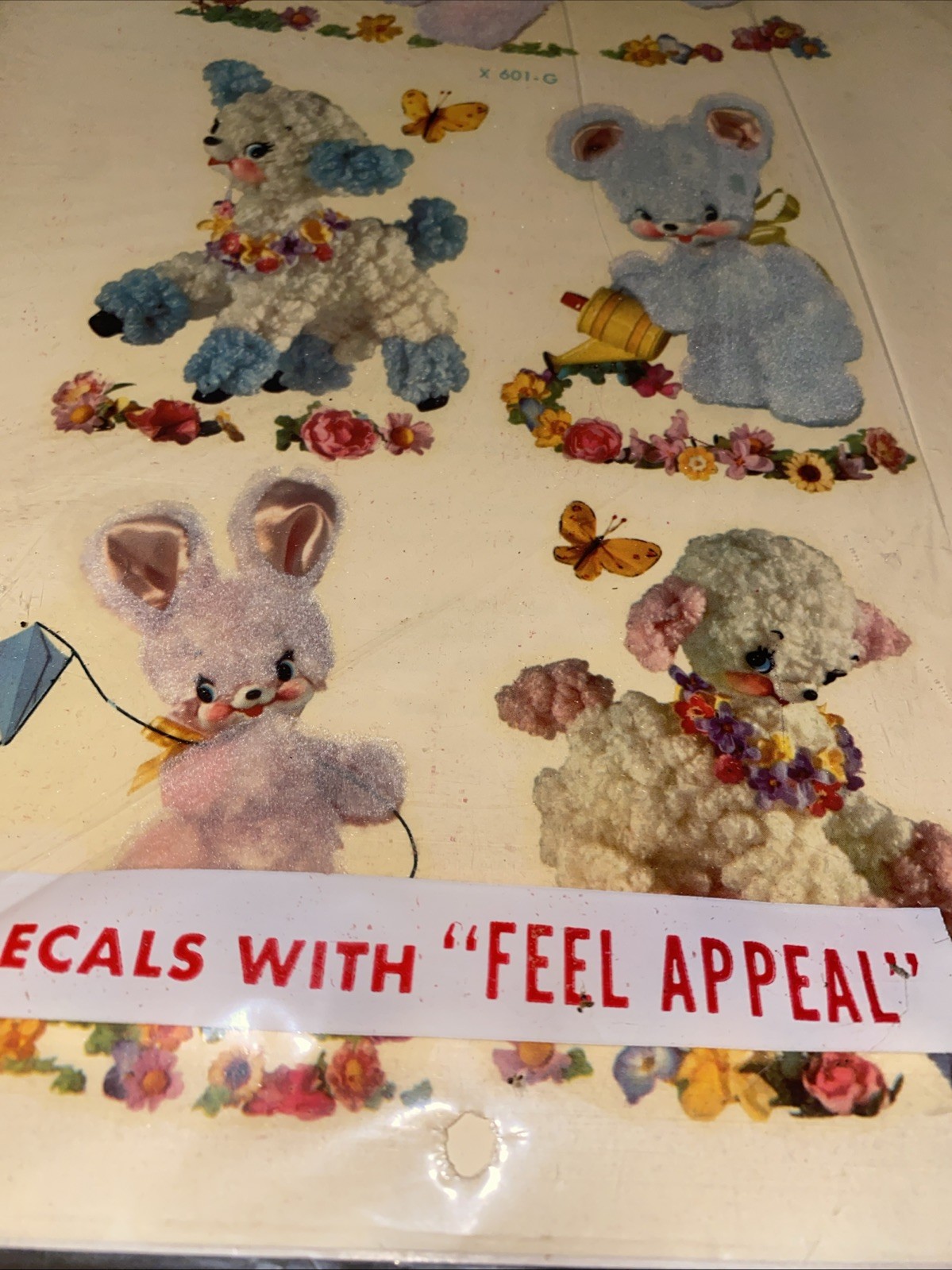 Vintage CUTIES Meyercord Fuzzy Animals Bunny Lamb Bear Decals Wall Decor NOS