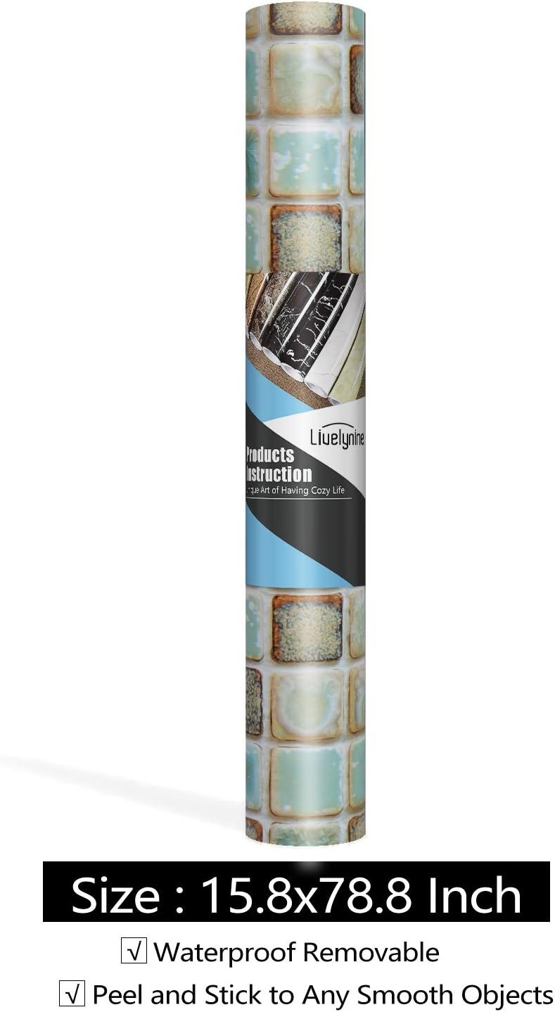 Livelynine Vinyl Bathroom Wallpaper Peel and 15.8 x 78.8, Green Mosaic Tiles