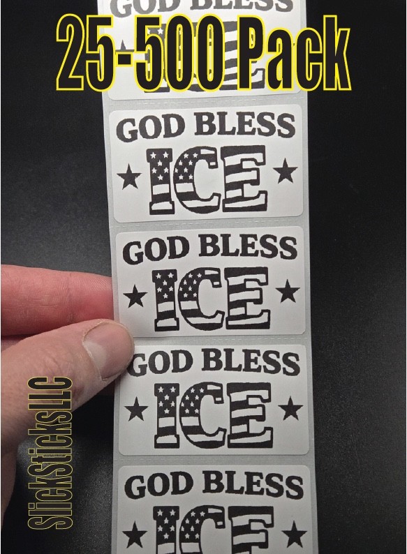 GOD BLESS ICE 25-500 bulk pack stickers decals label stand with support I.C.E.