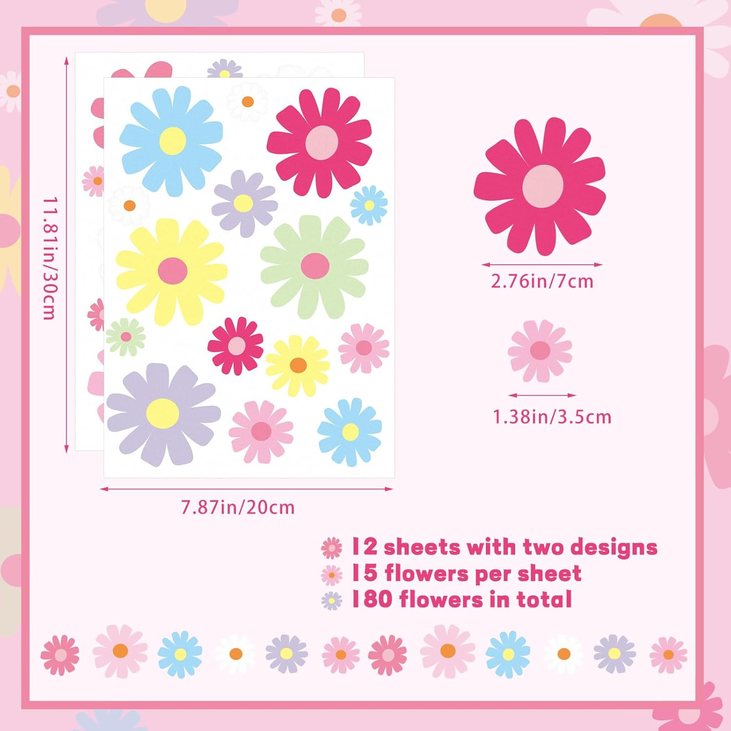 12Sheet Daisy Wall Decals, 180Pcs Cute Flower Wall Decals, Flower Vinyl Walls De