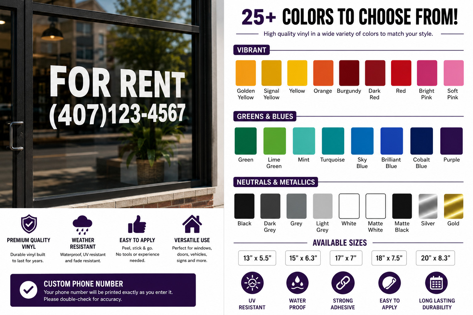 Custom For Rent Decal with Phone Number | Window Vinyl Sticker | Property Rental