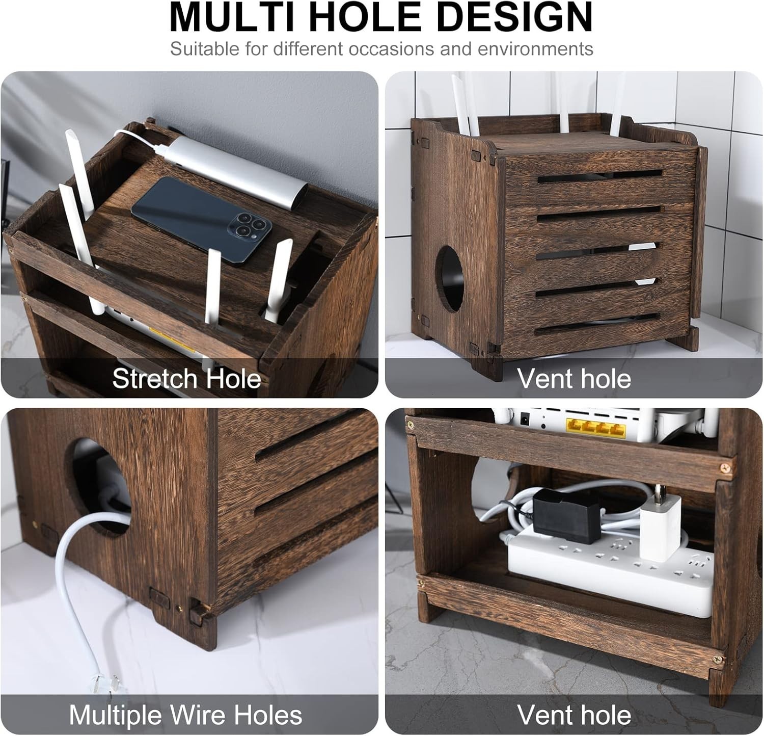 Wooden Wireless WiFi Router Storage Box Modem Router Cover Wood Shelf Power S…