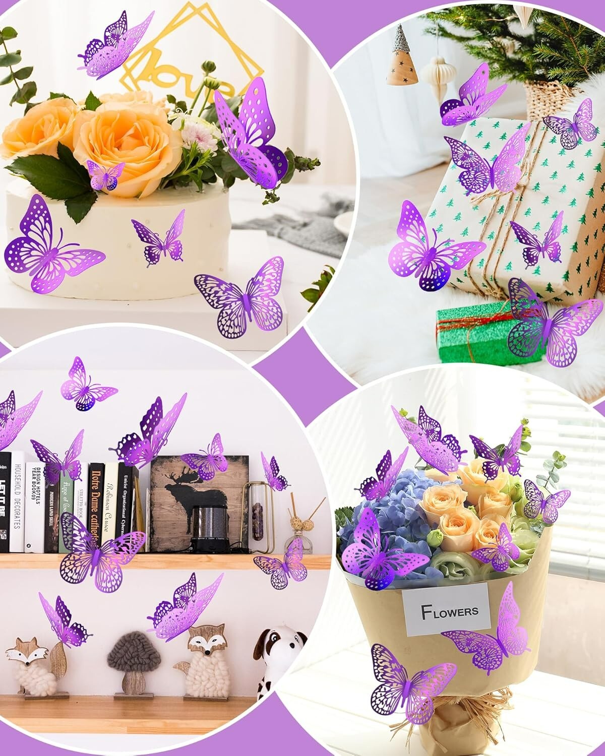 72 piezas de decoración de pared de mariposas 3D, mariposa morada
