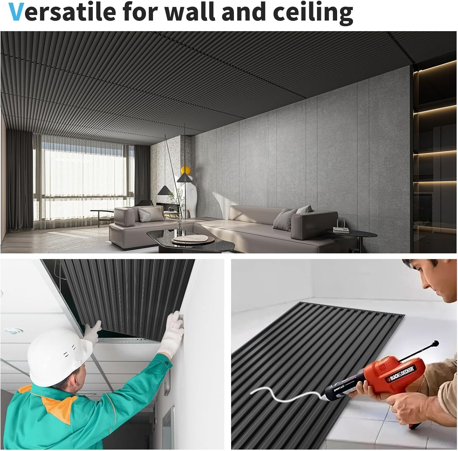 Elegant 12-Pack Black PVC Ceiling & Wall Panels, 24×48 in., Easy Install