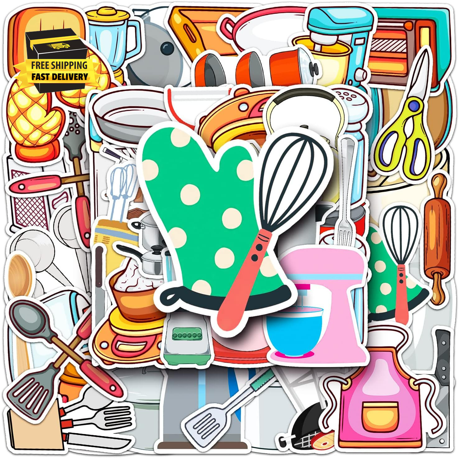 50Pcs Daily Kitchen Utensil Stickers for Water Bottle,Waterproof Viny Stickers f
