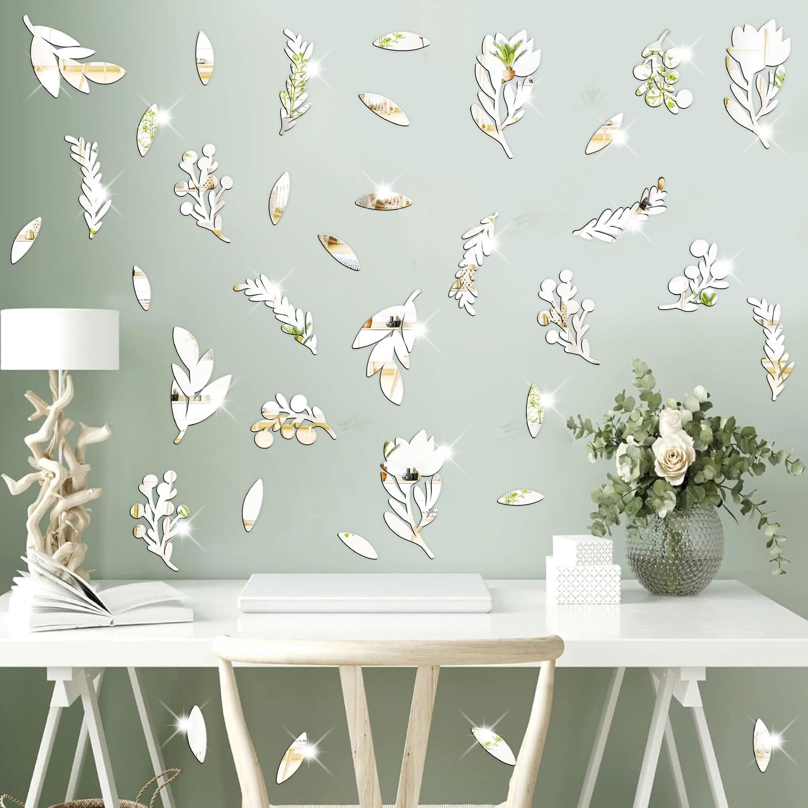 Floral Leaf Wall Stickers Decor Acrylic Mirror Stickers for Walls 3D Silver M…