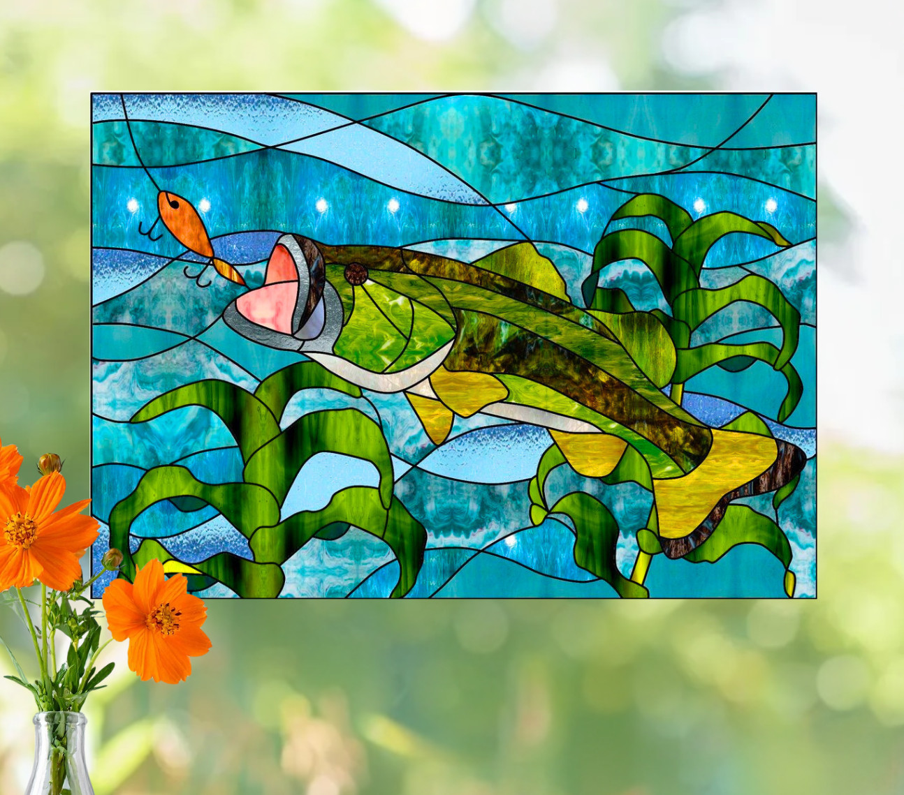 Bass Fishing Faux Stained-Glass WINDOW CLING Size 10.6" Repositionable Vinyl