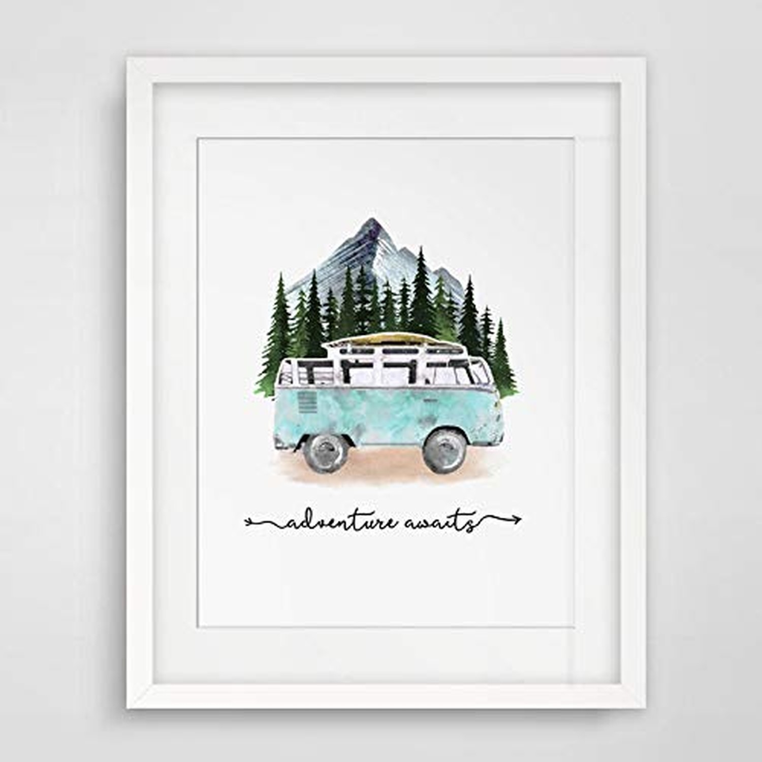Adventure Awaits Art Print Travel Poster Mountain Wall Decor Blue Tour Bus Pa…