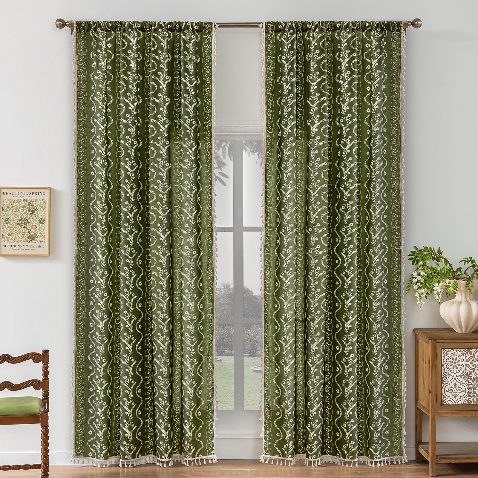 Olive Green Floral Curtains 80 Inch Long for Living Room, Bedroom, 2 Panels B…