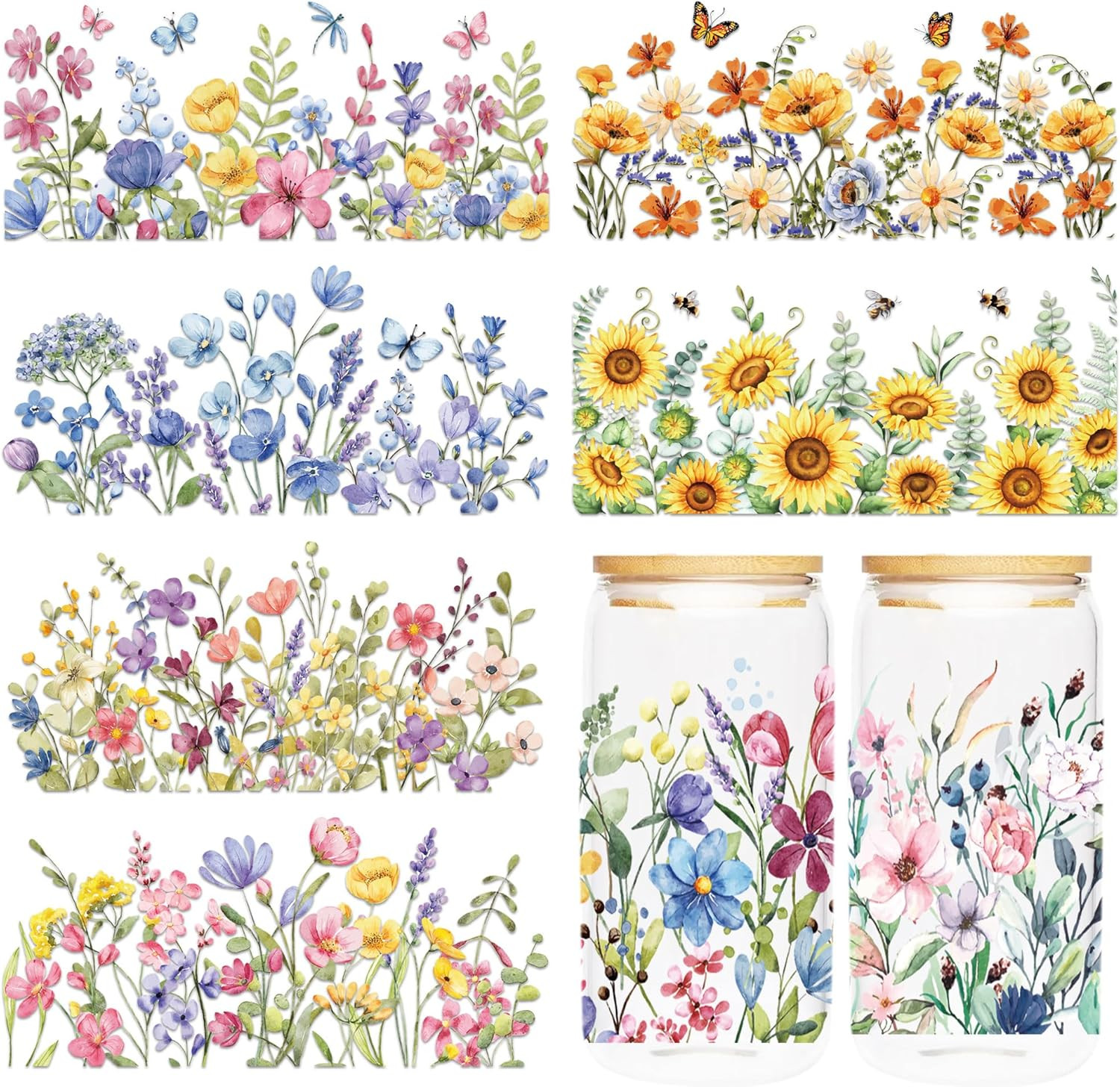 8 Sheets Flower UV DTF Cup Wraps for 16oz Glass Cups Waterproof Transfers