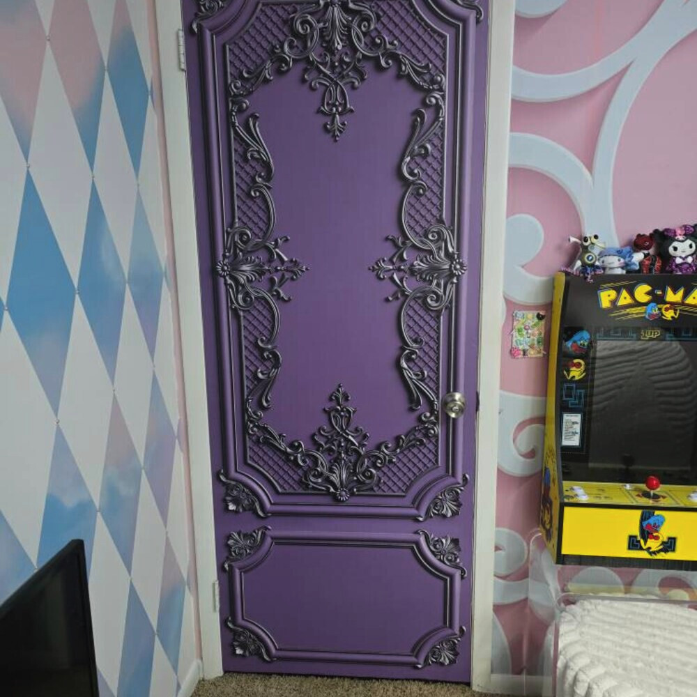 Classic Baroque Door Mural, Purple Laminated Sticker Cover, Single piece