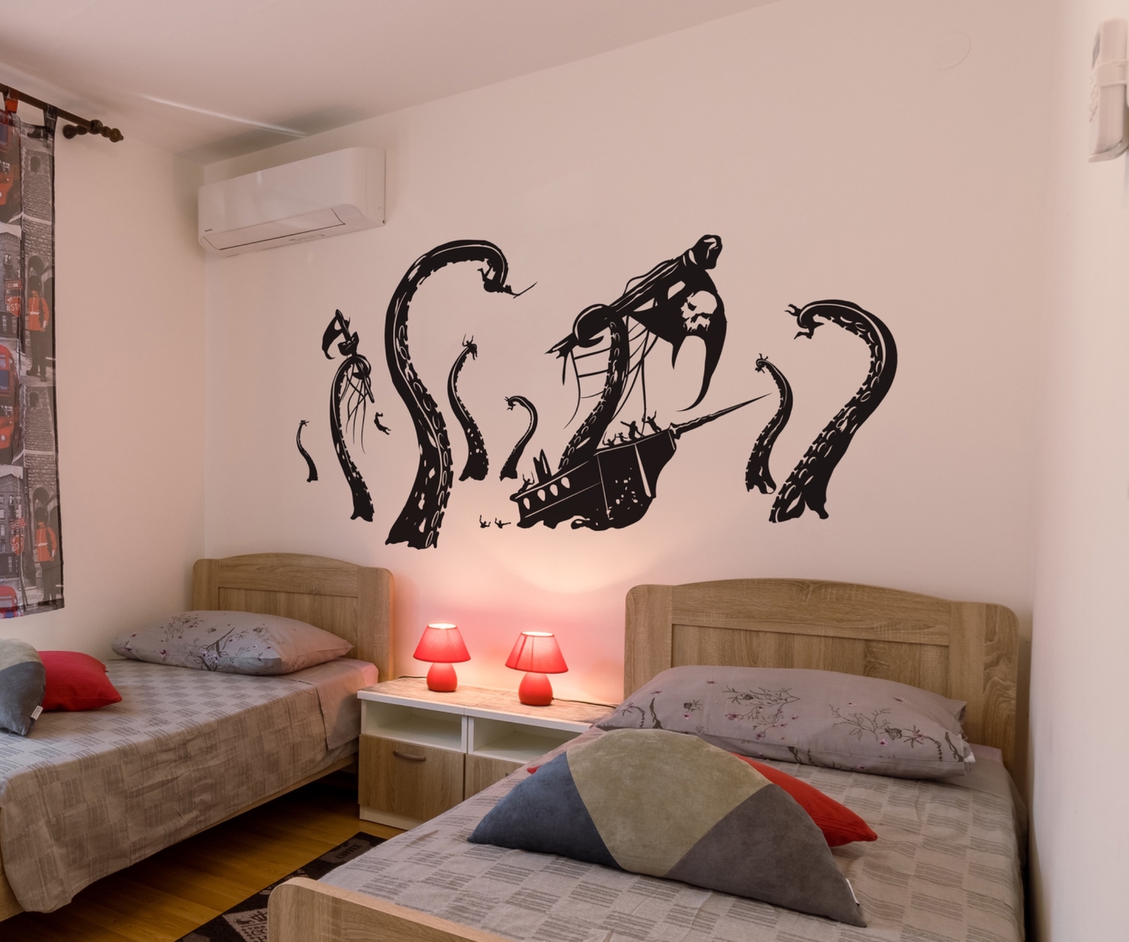 Pirate Ships attacked by Kraken Wall Decal Sticker. Beach Nautical Theme Decor.