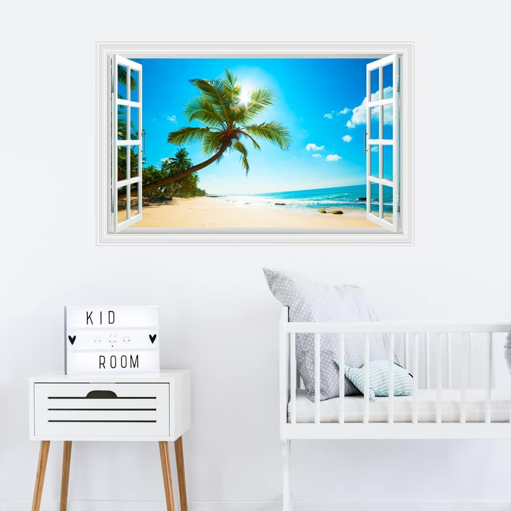 Fake Windows Wall Sticker, Removable 3D Beach Seascape Faux Windows Wall Decals